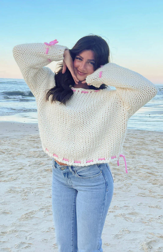 Bow Knit Sweater In Cream